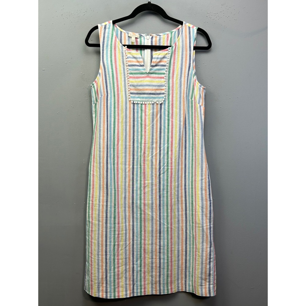 Talbots Dress Women 4 Multi-Color Stripe Linen Cotton Pom Pom Shift Sleeveless